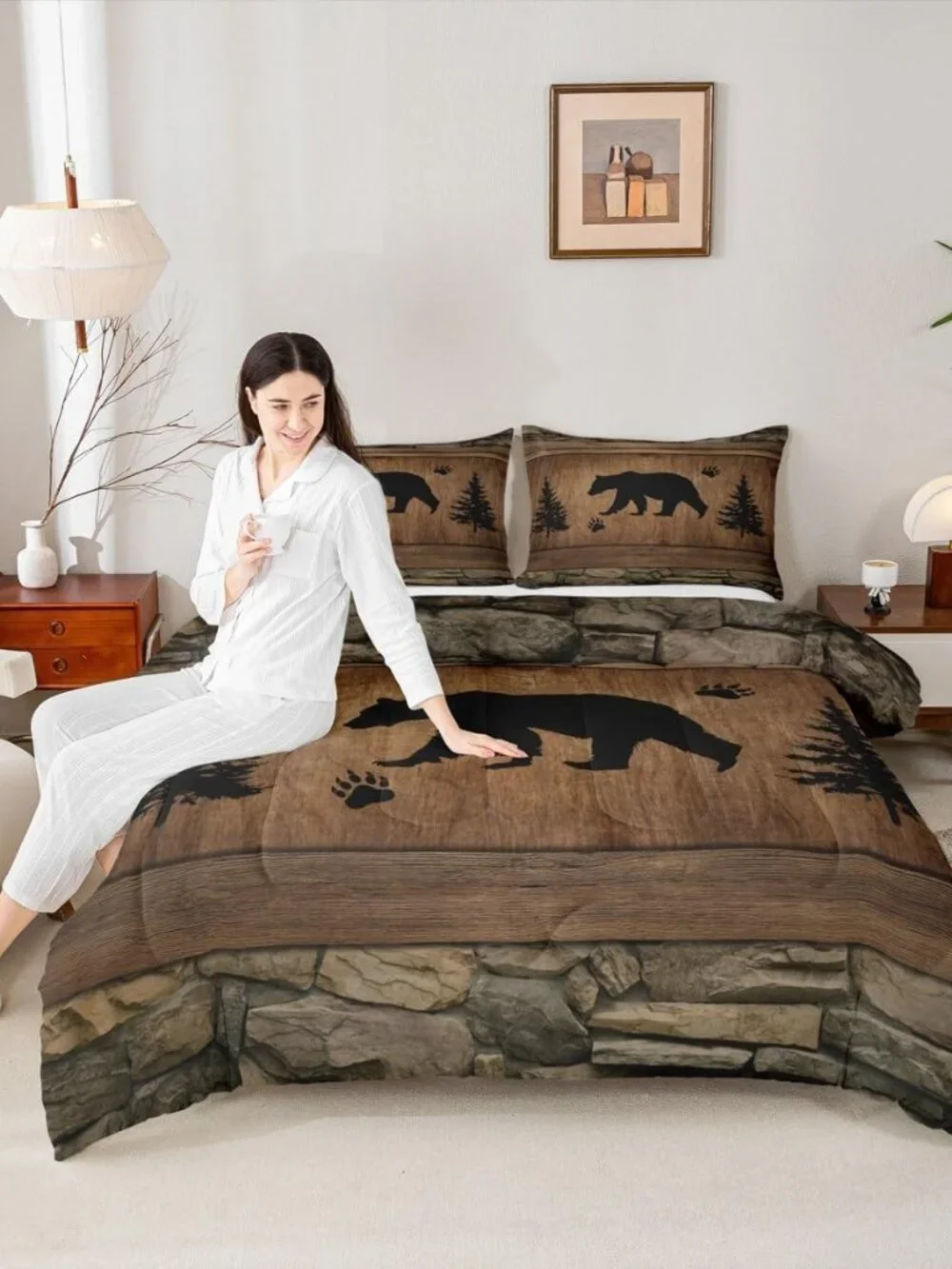 Rustic Bear Comforter Set Queen Size,Wild Animal Hunting Bedding Set 3pcs,Farmho